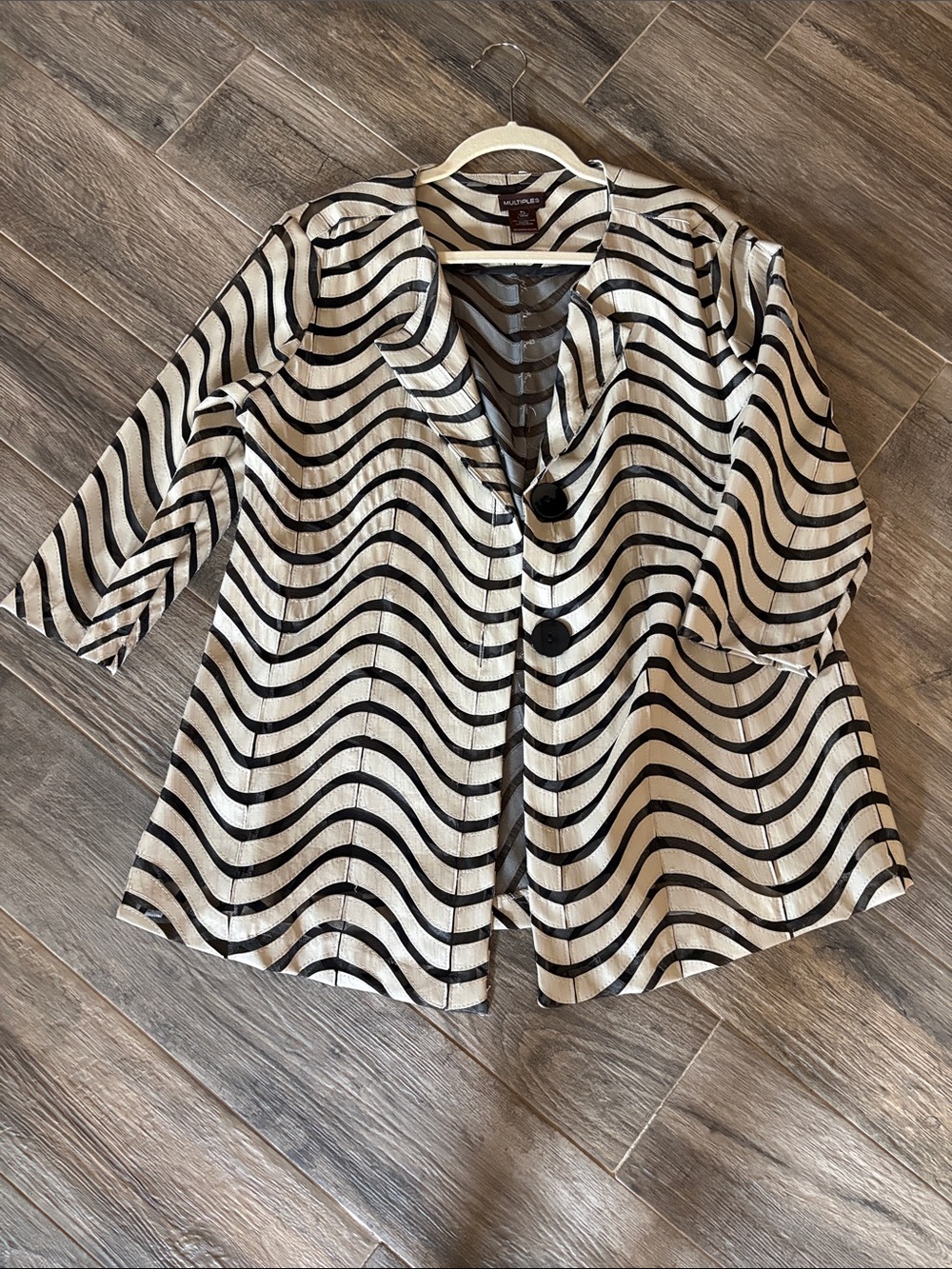 Multiples Black & White Wavy-Stripe Open Blazer